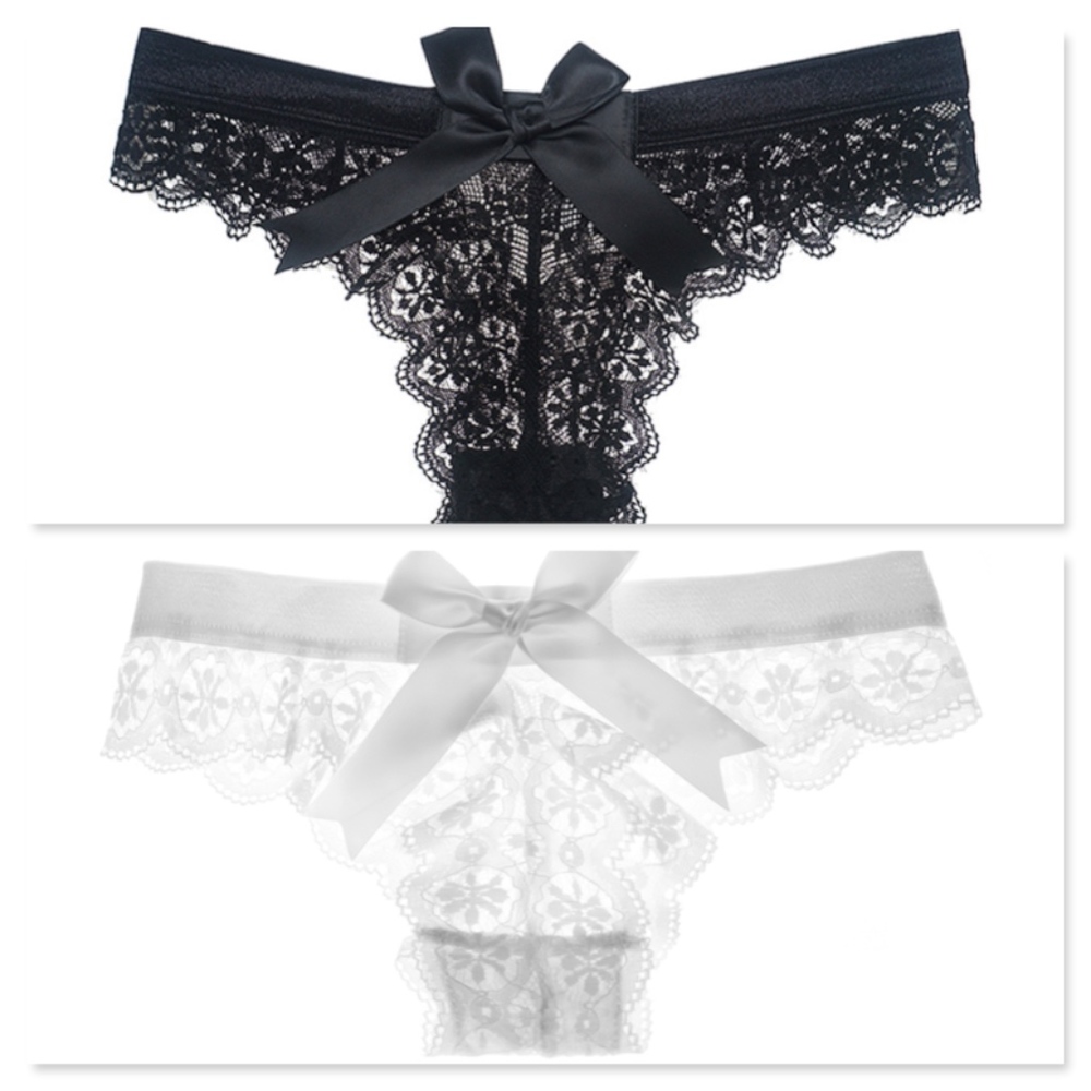 Bow Detail Lace Low Rise Thongs Black or White - Picture 14 of 16
